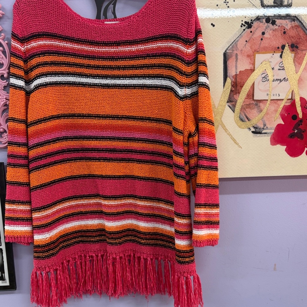Ruby Rd. Pink & Orange Striped Fringe Knit Sweater
